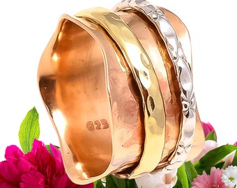 Sterling Silver Mixed Metal Spinner Ring, Copper Brass Anxiety Fidget Band