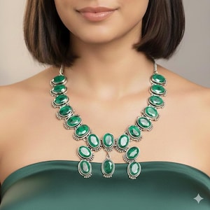 Genuine Emerald Sapphire Squash Blossom Necklace 18-20" Turquoise Statement Jewelry