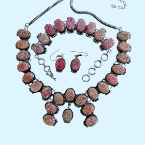 Pink Drusy Blossom Necklace Set-Handmade Floral Jewelry Set For Women,Elegant Statement Necklace & Earrings Gift For Her