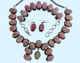 Handmade Pink Drusy Necklace Set: Floral Jewelry Gift
