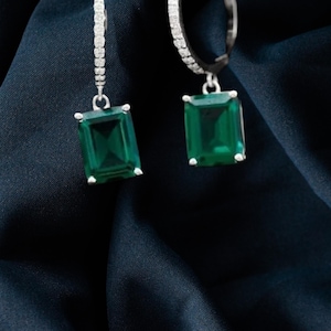 Emerald Hoop Drop Earrings, Emerald Handmade Drop Dangle Stud Earring In 925 Sterling Silver Handmade Jewelry For Wedding & Anniversary