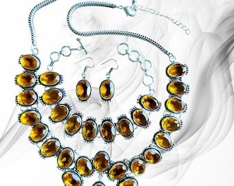 Handmade Citrine Topaz Necklace and Earrings Set: Floral Jewelry