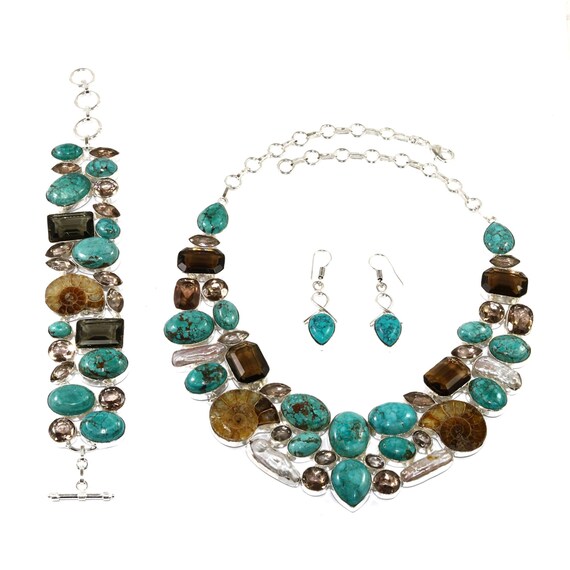 Ammonite Fossil Tibetian Turquoise Viva Pearl Gemstone Handmade