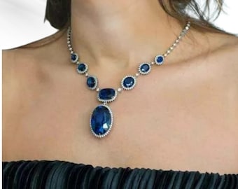 Sapphire Necklace with Natural Diamonds, Handcrafted Statement Jewelry for Weddings and Anniversaries