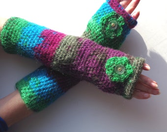 Crocheted mittens in red, green, purple blue mohair wool. They are 30 cm long.