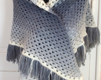 Large hand-crocheted gradient gray fringed shawl in DMC wool.