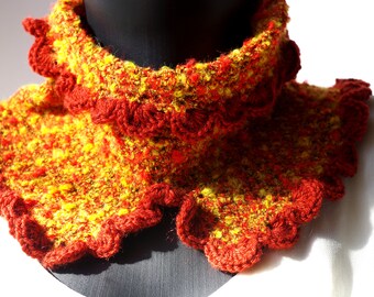 Snood collar crocheted in brown red yellow speckled wool.