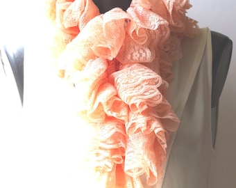 Crocheted pale pink lace ruffle scarf, it is about 120 cm.