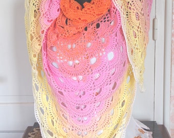 Pretty sorbet-colored summer shawl, pale orange, pink, yellow, white, crocheted in 100% cotton.