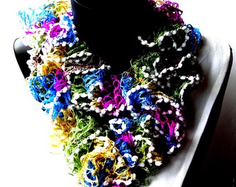 Multicolored handmade crocheted ruffled scarf of approximately 150 cm.