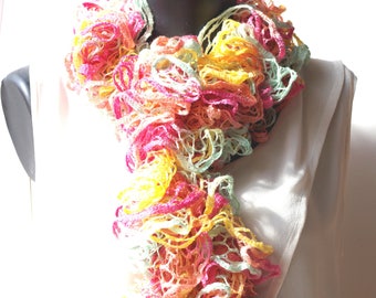 Hand-crocheted ruffled scarf in shades of pink, yellow and green, it measures 150 cm