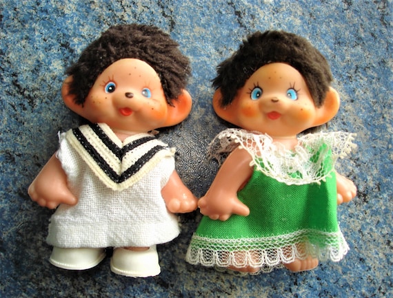 RARE Two Mini POUPEES Toy KIKI Monchhichi Vintage Miniature 8.5 Cm Plastic  