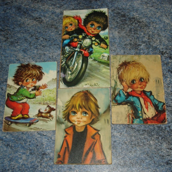 lot of 4 Small TABLEAUX CADRE POULBOTS Vintage big eyed boy