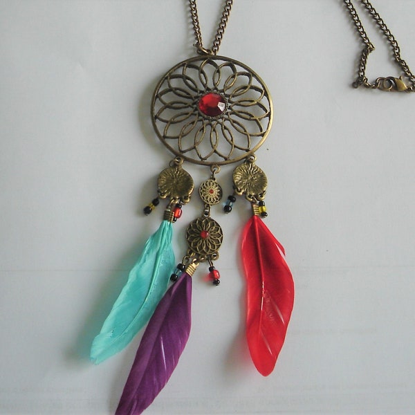 COLLIER Attrape-Rêve  vintage en métal et plumes