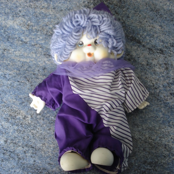 RARE Ancienne Peluche Poupée KIKI Blanc Clown Monchhichi cheveux laine vintage