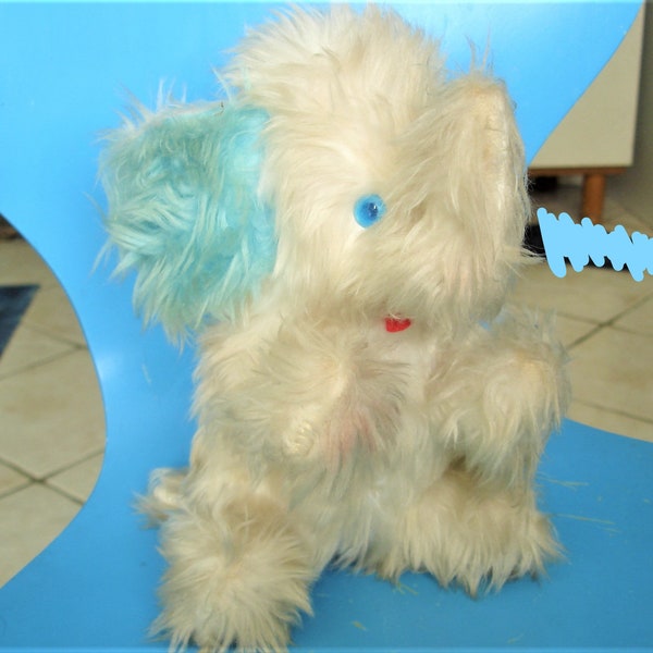 ancienne peluche éléphant  vintage aux yeux bleus et oreille bleues