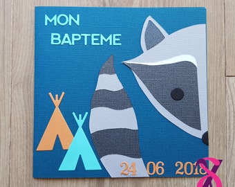 Faire-part de naissance ou de baptême thème raton laveur et tipi