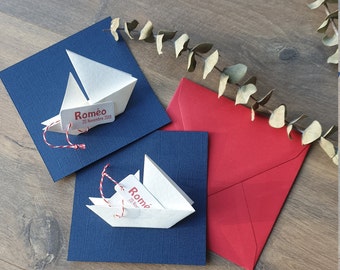 Faire part naissance ou baptême thème marin, bateau origami