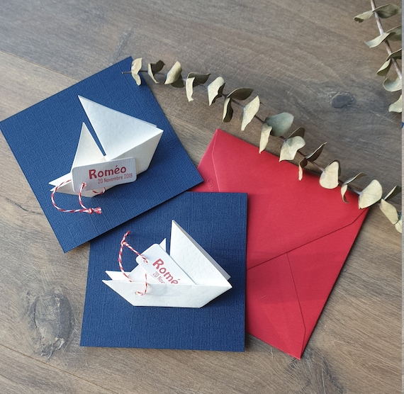 Faire part naissance ou baptême thème marin, bateau origami -  France