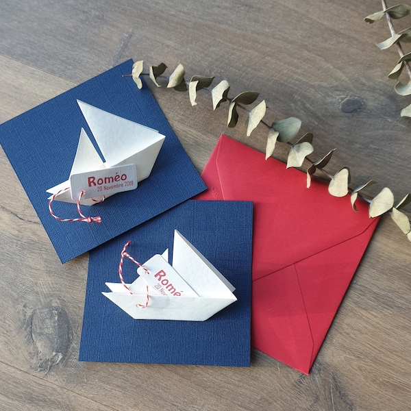 Faire part naissance ou baptême thème marin, bateau origami