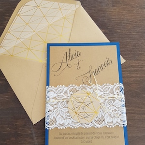Faire-part de mariage vintage chic, kraft et bleu, dentelle