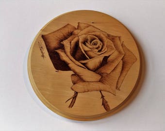 Unique English Garden Rose, signed pyrography / wood burning art on Jelutong wood