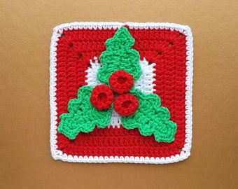 Christmas Holly Berries Granny Square Crochet Pattern (PDF Download)