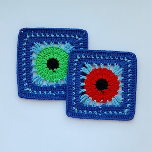 Granny Square Eye Pattern, Granny Square Evil Eye Pattern, Crochet Granny Square, Granny Square Eye Amulet