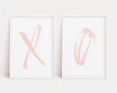 XO Print Set, Pink Nursery Wall Art, Girls Room Decor, Digital Download, Large Printable Poster, Blush, Coral, Pastel Bedroom, Typography