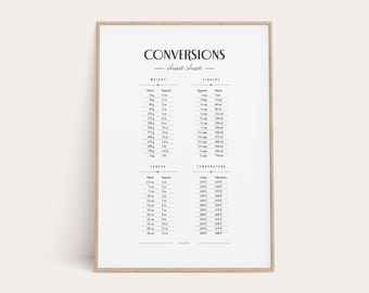 Elegant Conversion Cheat Sheet, Classic Kitchen Guide, Cooking Cheat Sheet, Printable Kitchen Poster, Kitchen Wall Decor, Instant Download