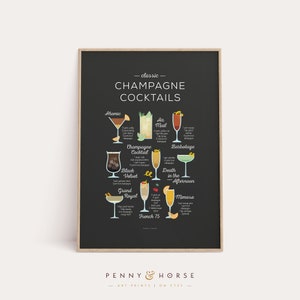 Champagne Cocktails Print, Cocktail Classics Print, Cocktail Art, Cocktail How To, Kitchen Art, Kitchen Decor, Bar Poster, Cocktail Gift