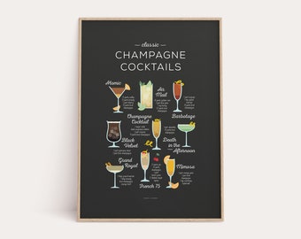 Champagne Cocktails Print, Cocktail Classics Print, Cocktail Art, Cocktail How To, Kitchen Art, Kitchen Decor, Bar Poster, Cocktail Gift