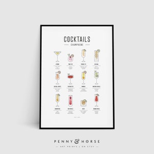 Champagne Cocktails Print, Modern, Minimal, Cocktails, Cocktail Art, Cocktail How To, Kitchen Art, Kitchen Decor, Cocktail Gift, Bar Poster