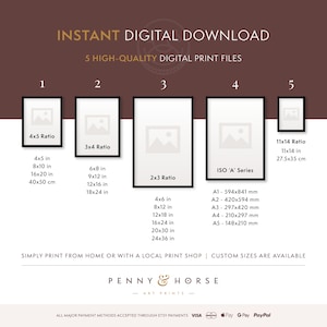 K&ouml;nnte beinhalten: Eine Grafik, die f&uuml;nf verschiedene Druckgr&ouml;&szlig;en f&uuml;r digitale Downloads zeigt. Die Gr&ouml;&szlig;en sind 4x5, 3x4, 2x3, ISO 'A' Serie und 11x14. Die Gr&ouml;&szlig;en sind in Zoll und Zentimetern angegeben. Der Text 'INSTANT DIGITAL DOWNLOAD' und '5 HIGH-QUALITY DIGITAL PRINT FILES' befindet sich oben auf der Grafik. Der Text 'SIMPLY PRINT FROM HOME OR WITH A LOCAL PRINT SHOP | CUSTOM SIZES ARE AVAILABLE' befindet sich unten auf der Grafik. Der Text 'PENNY & HORSE - ART PRINTS' befindet sich in der Mitte der Grafik. Der Text 'ALL MAJOR PAYMENT METHODS ACCEPTED THROUGH ETSY PAYMENTS VISA Pay G Pay PayPal' befindet sich unten auf der Grafik.