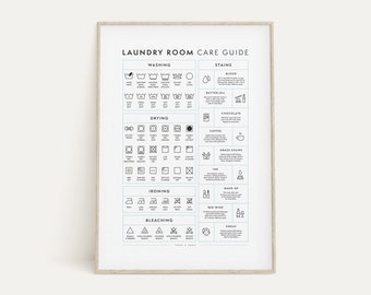 Laundry Room Care Guide Print, Printable Laundry Symbols Art, Stain Treatment Print, Laundry Room Sign, Wash, Dry, Iron, Laundry Room Decor