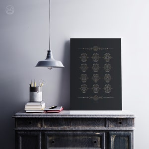 May include: A black and white poster with a gold geometric design of the zodiac signs. Each sign is labeled with its name and dates. The poster is hanging on a wall above a wooden dresser.