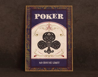 Vintage Poker Room Poster, decoración de la pared, arte de la cueva del hombre, arte de la pared del póquer, juegos, pasatiempos, arte imprimible, cartel del casino, Texas Holdem