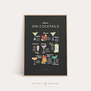 Gin Cocktails Recipe Print, Cocktail Classics Print, Cocktail Art, Cocktail How To, Kitchen Art, Kitchen Decor, Bar Poster, Cocktail Gift