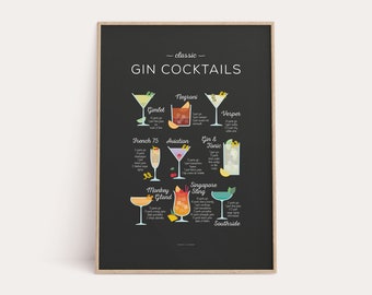 Gin Cocktails Recipe Print, Cocktail Classics Print, Cocktail Art, Cocktail How To, Kitchen Art, Kitchen Decor, Bar Poster, Cocktail Gift