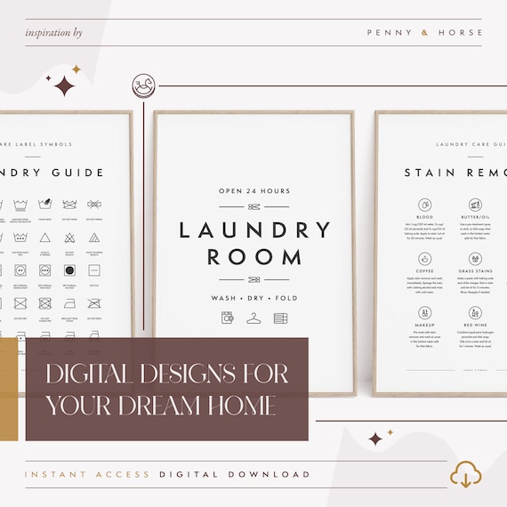 Laundry Room Art Prints: Stain Removal Guide, Care Symbols (Digital Printable Art)