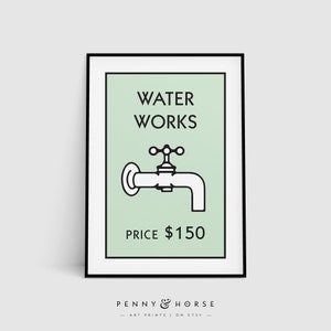 Retro monopolie geïnspireerde waterwerken afdrukbare, alternatieve badkamer kunst aan de muur, eigenzinnige badkamer print, nieuw huis cadeau, decor waterleiding huis