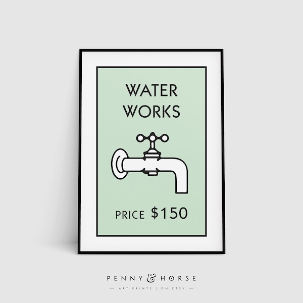 Retro Monopoly Inspired Water Works Printable, Alternative Bathroom Wall Art, Quirky Bathroom Print, New Home Gift, Waterworks Home Decor