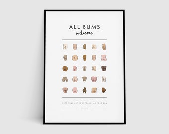 Funny Bathroom Art, All Bums Welcome, Cute Bathroom Butts, Bum Collage, Funny Bathroom Sign, Bathroom Wall Decor, Body Positive, Printable
