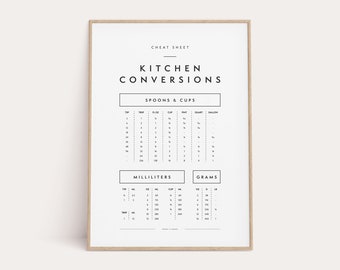 Kitchen Conversions Print, Printable Art, Kitchen Wall Decor, Modern Conversion Chart, Kitchen Guide, Instant Download, Cheat Sheet