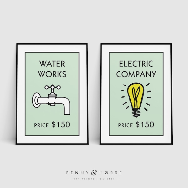 Retro Monopoly Inspired 2 Print Set, Dollar, Waterworks Bathroom Wall Art, Quirky Mint Bathroom Print, Electric Company, New Home Decor Gift