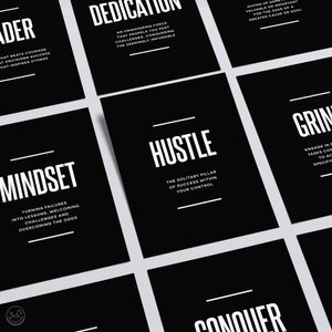 Puede incluir: Carteles motivacionales en blanco y negro con citas inspiradoras. Los carteles presentan las palabras "Líder", "Dedicación", "Mentalidad", "Esfuerzo", "Conquistar" y "Moler".