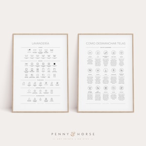 Spanish Laundry Room 2 Print Set, Símbolos/Guía de manchas, Símbolos de Lavandería, Como desmanchar telas, Eliminación de manchas, Decoración de la sala de lavandería