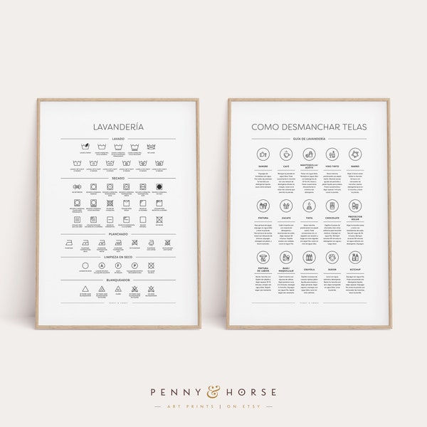 Spanish Laundry Room 2 Print Set, Symbols/Stains Guide, Símbolos de Lavandería, Como desmanchar telas, Stain Removal, Laundry Room Decor