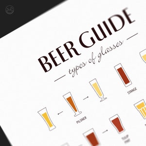 May include: A guide to different types of beer glasses, with illustrations of each glass type and the name of the beer style it is used for, including Pilsner, Stange, Tulip, and more.