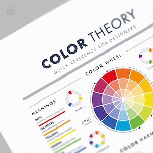 May include: A color theory chart for designers with a color wheel, primary, secondary, and tertiary colors. The chart also includes meanings for red, orange, and yellow colors.